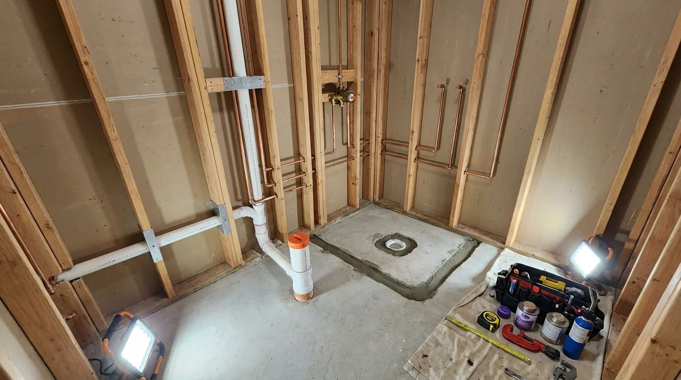 Bathroom rough-in plumbing during remodel by Johns Plumbing LLC in Wrangell