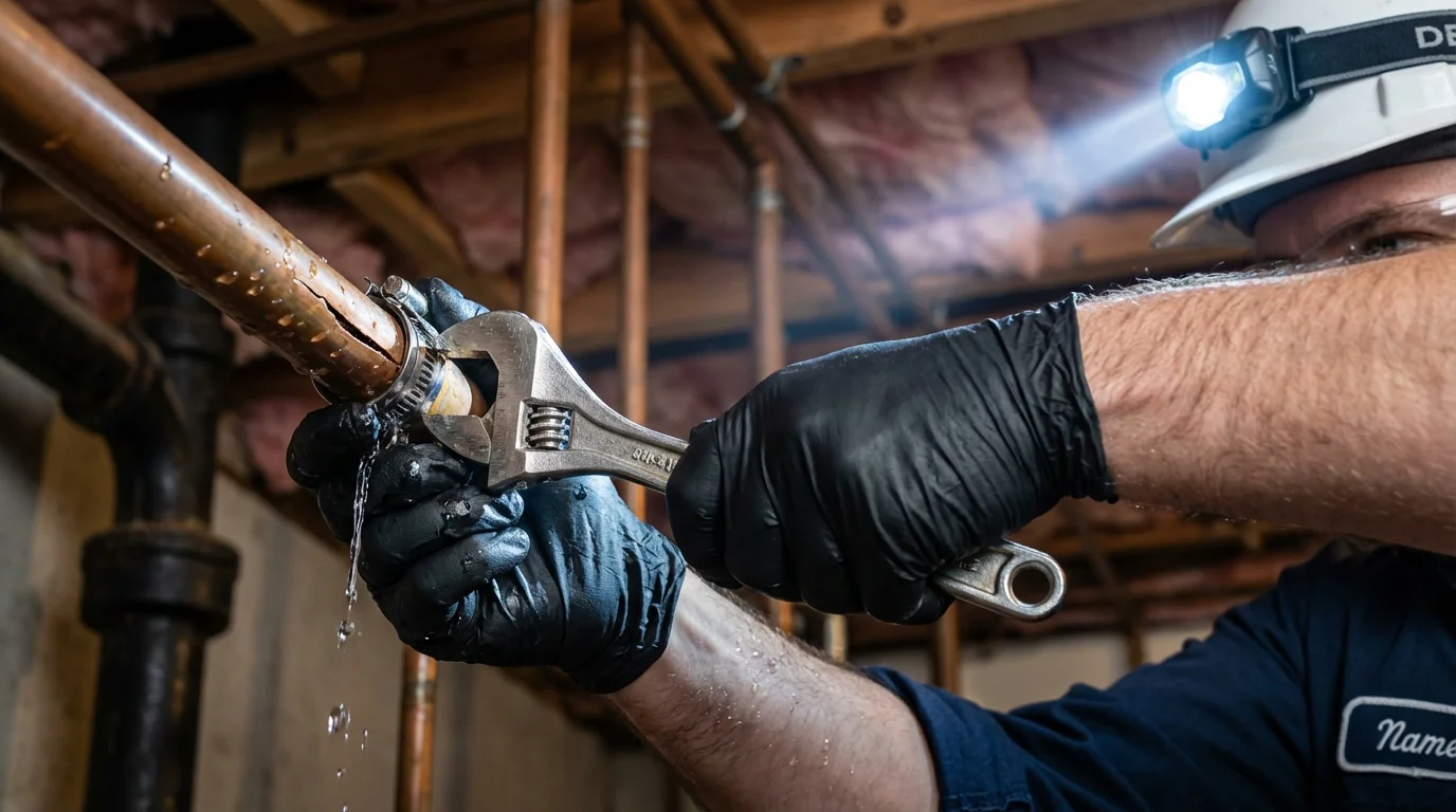 Emergency pipe clamp repair being performed by a Johns Plumbing LLC plumber in Wrangell
