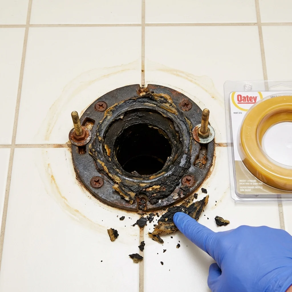 Failed wax ring showing water seepage at the base of a toilet in a Wrangell, AK home