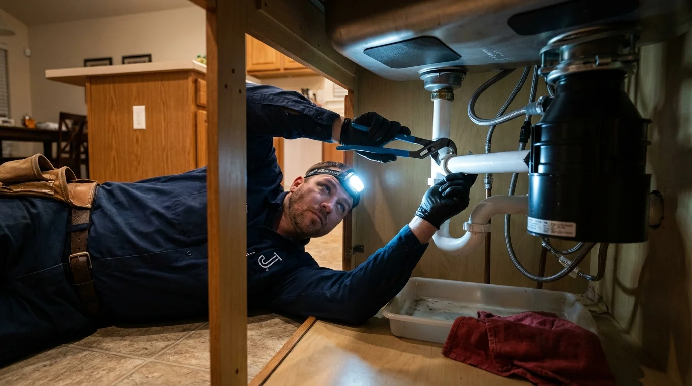 P-trap and supply line connections under a kitchen sink showing a common leak point in Wrangell, AK